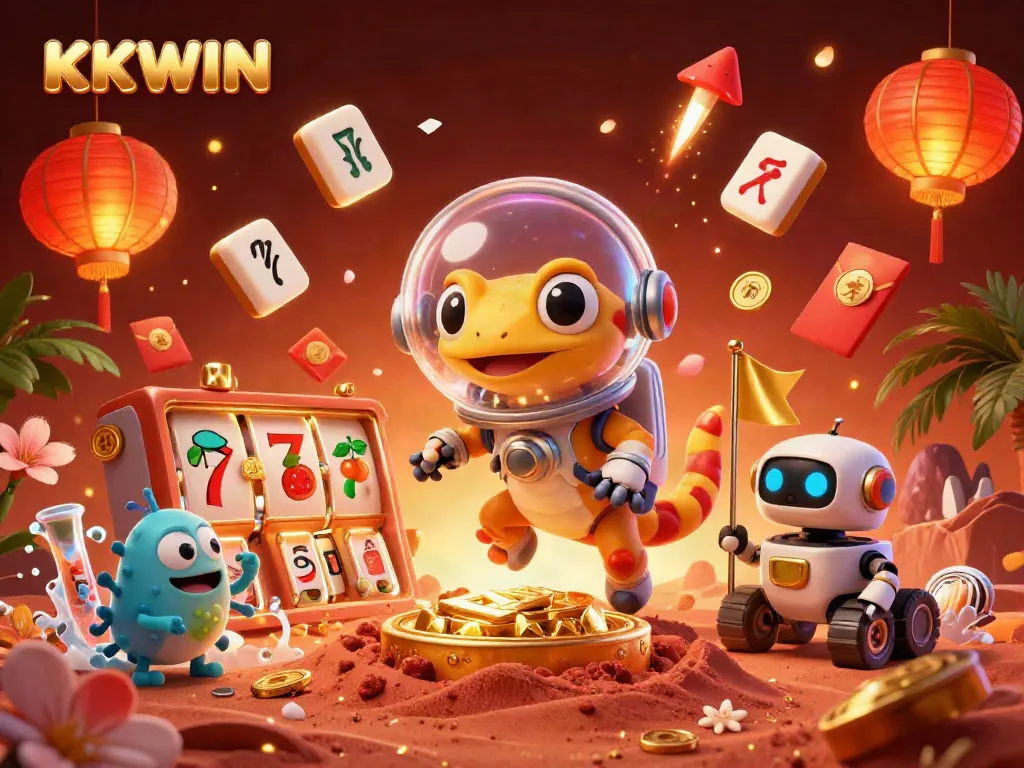 KKWIN features a Martian gecko discovering a golden casino with dynamic slot elements in vibrant 3D.