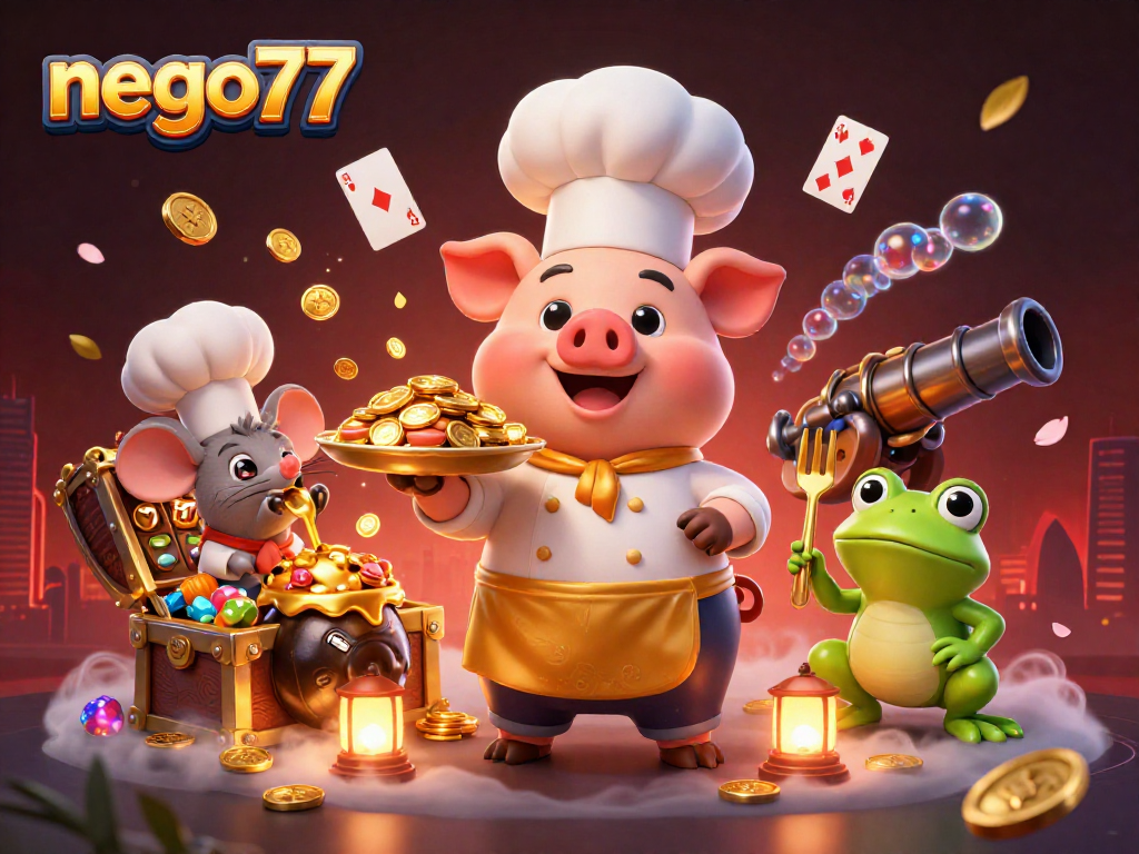 Engage with nego77's thrilling casino experience featuring festive gold coins and lively characters.