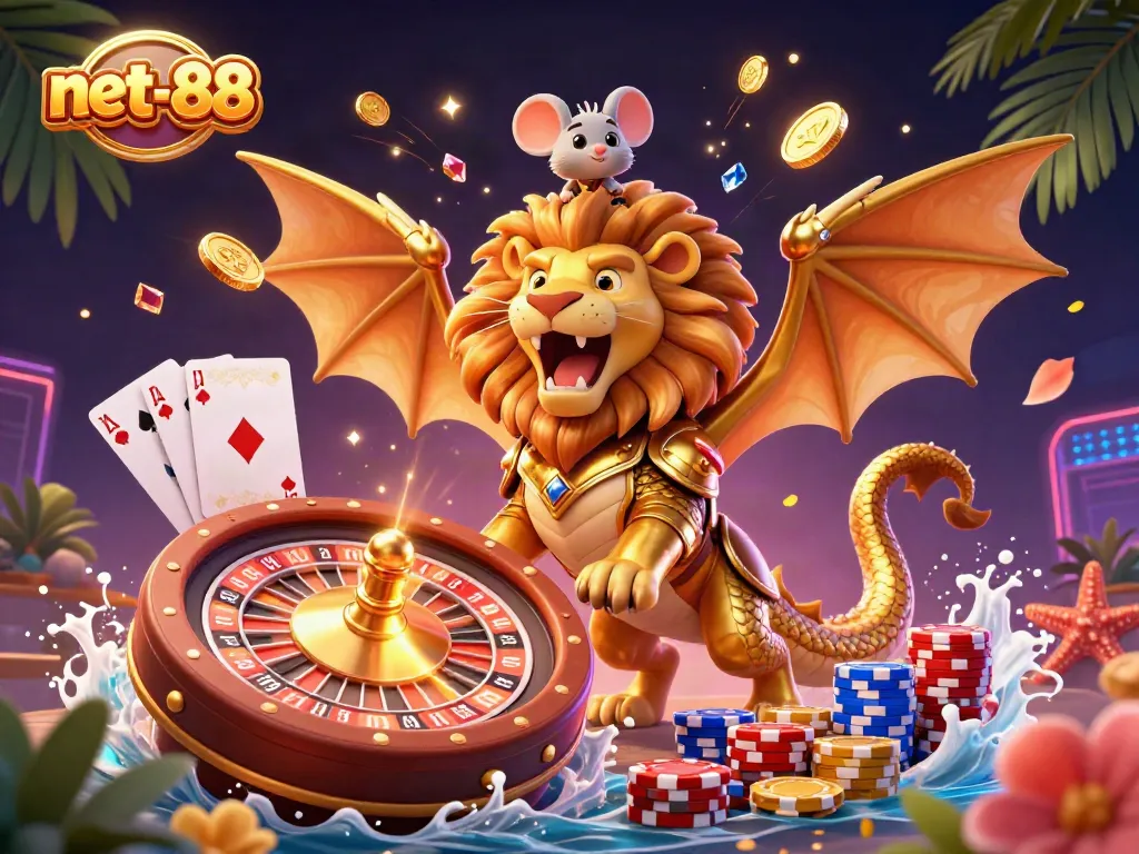 Experience thrilling gameplay at net-88 with an illustrated scene featuring a majestic chimera and vibrant casino elements.