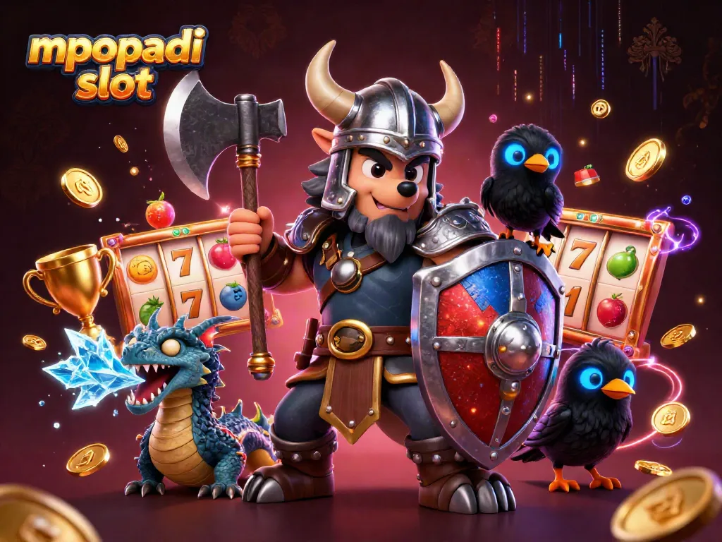 Spin the reels of the mpopadi slot while enjoying a vibrant casino scene filled with dragon and wolf characters.
