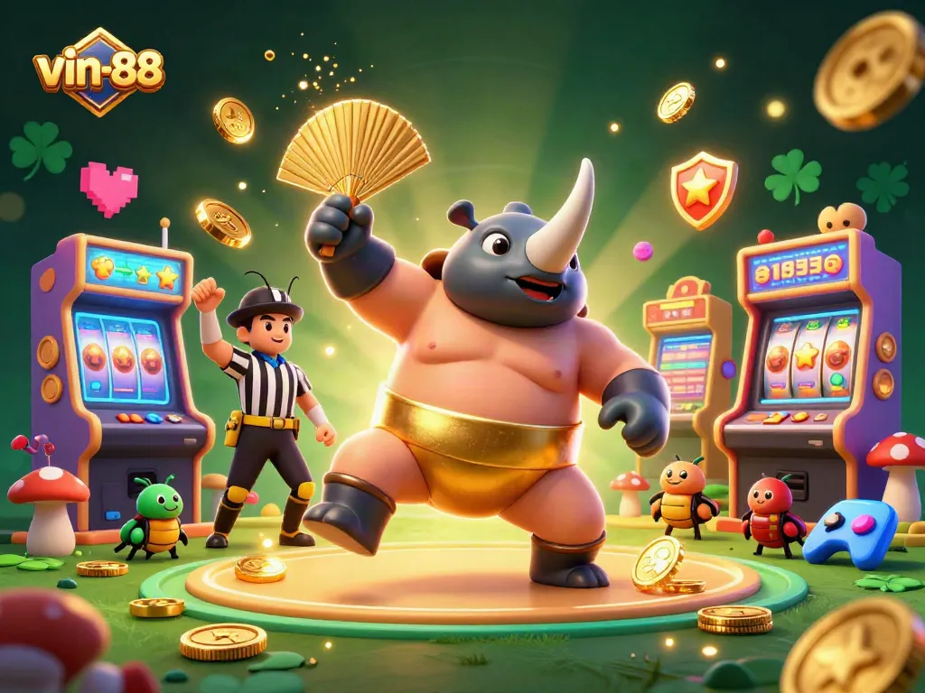 vin-88 highlights a dynamic gaming scene with beetle champions, golden coins, and lively casino elements.