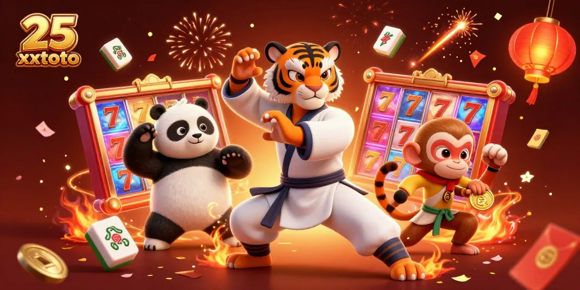 Gambarlah keberuntungan 25 xxtoto dengan harimau kung fu, panda, dan monyet dalam suasana kasino meriah.