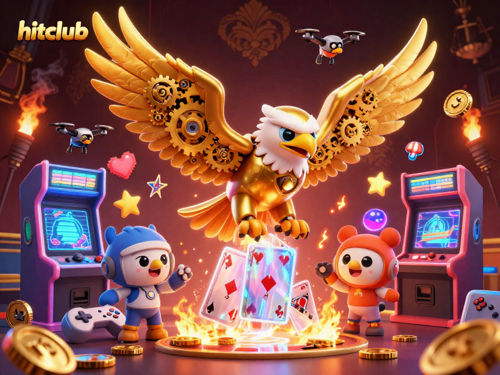 Hitclub engages players with a thrilling 3D casino scene featuring a golden eagle, immersive game elements, and dazzling effects.