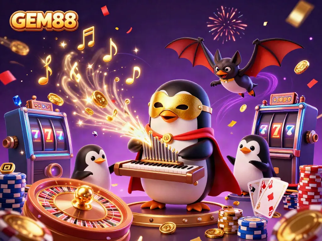 Win big at GEM88 with thrilling casino adventures featuring a lively penguin organist.