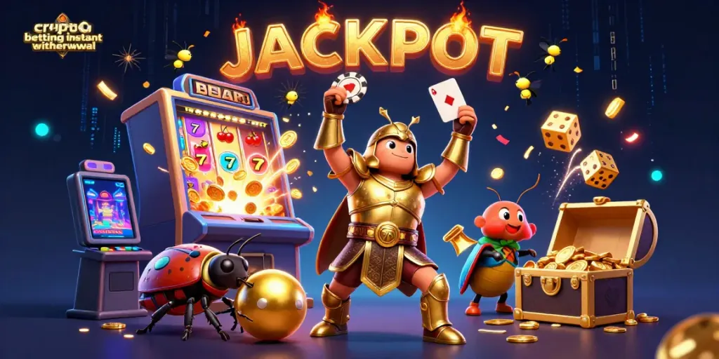 Experience crypto betting instant withdrawal excitement with a victorious hercules beetle in dynamic casino scene.