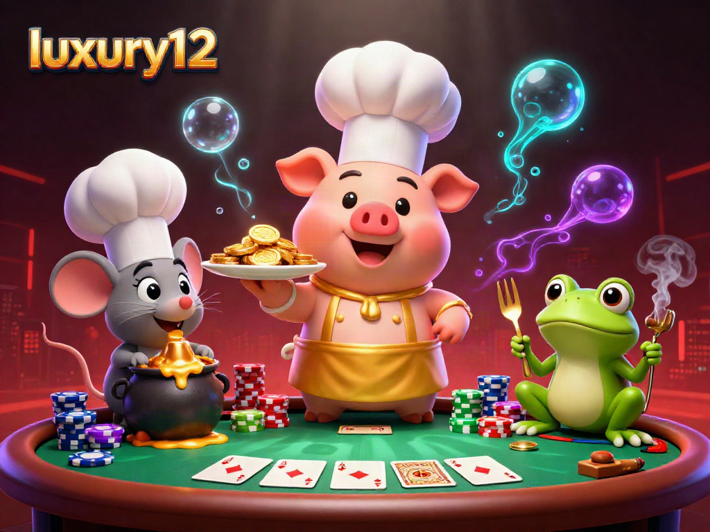 Experience the excitement of luxury12 with gourmet gold coins and poker elements in a vibrant casino scene.