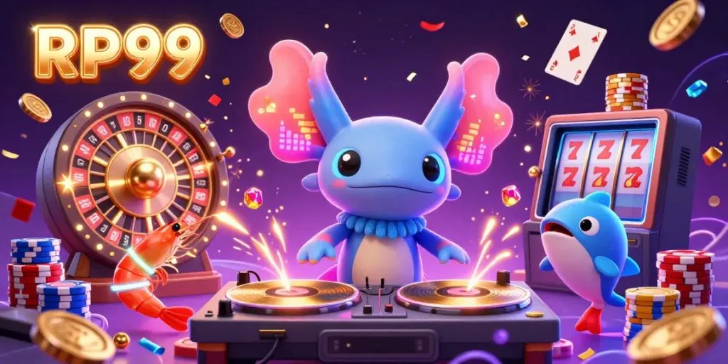 Experience vibrant gaming action with RP99's lively underwater casino scene featuring a DJ axolotl and playful sea creatures.