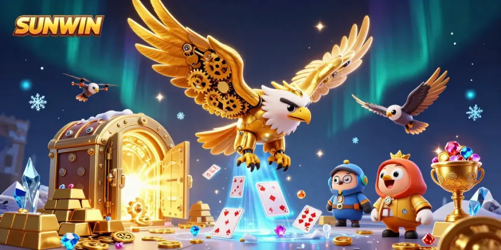 SUNWIN's vibrant online gaming scene showcases a cybernetic eagle amidst dynamic playing cards.