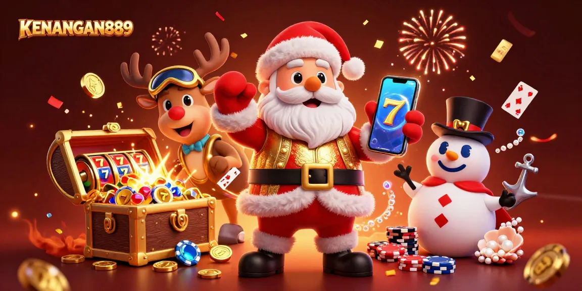 KENANGAN889 features a vibrant casino scene with Santa, a reindeer dealer, and a poker chip snowman celebrating winnings.