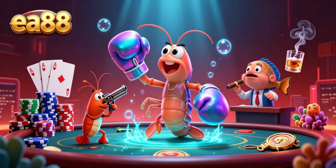 ea88 presents a vibrant casino scene with mantis shrimp characters showcasing poker excitement.