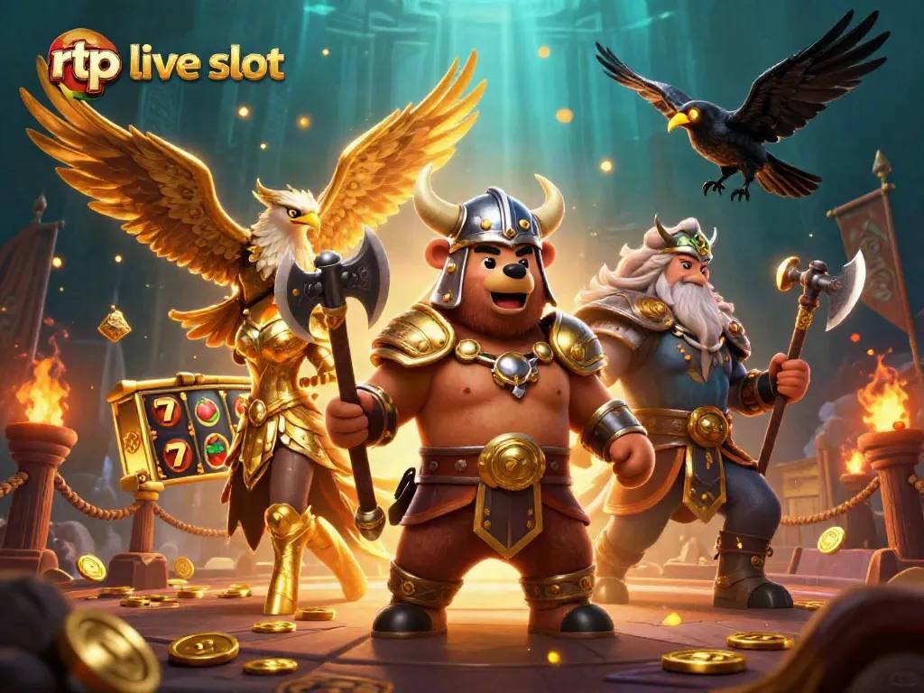 Engage with rtp live slot action in a vibrant 3D casino scene featuring colorful slot symbols and dynamic characters.