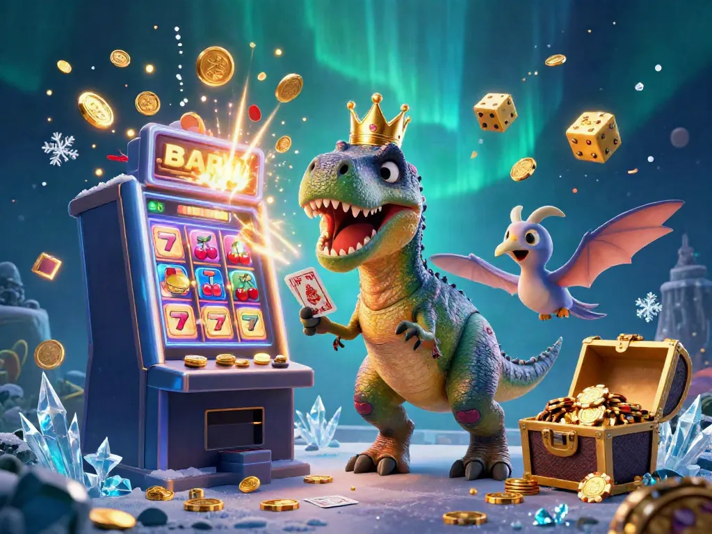 Explore the vibrant casino universe with SUNWIN, where a friendly T-Rex and friends dive into card games and jackpot excitement.