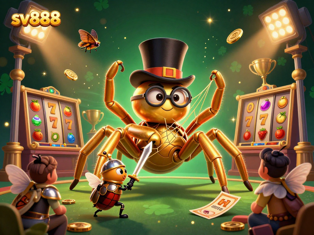 Engage with sv888's thrilling slots scene featuring a giant tarantula and knight.