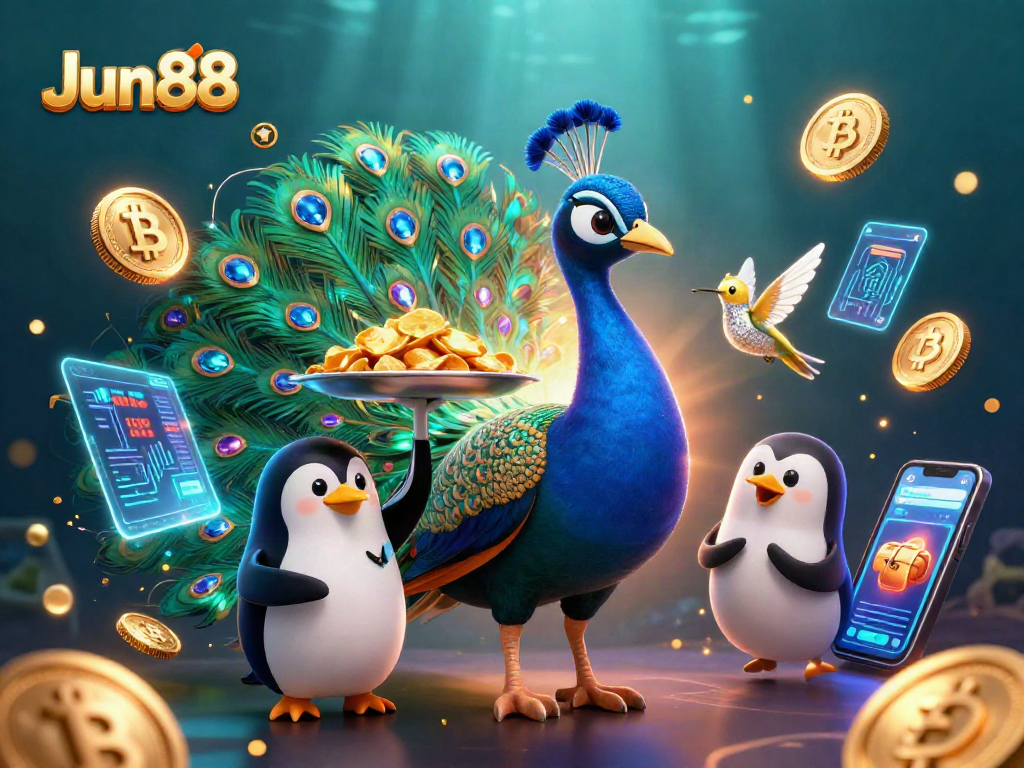 Experience the excitement of Jun88 slots with a peacock, penguin, and hummingbird in an enchanting scene.