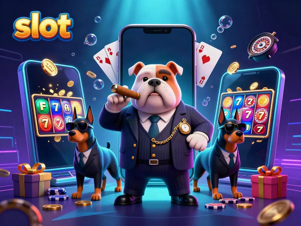 Experience the thrill of slot gaming with a mafia boss bulldog and bodyguard Dobermans in a vibrant casino scene.