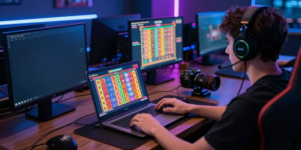 Player immersed in SGPSLOT online lottery game on a laptop, highlighting vibrant graphics and a dynamic gaming setup.