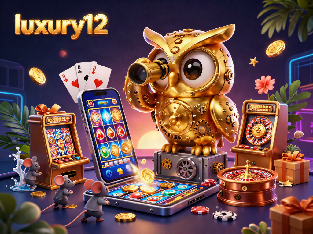 Experience luxury12 as a golden owl and mice explore an animated casino filled with slots and games.