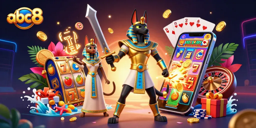 Spin to win with abc8 in a vibrant 3D illustration featuring Anubis and Bastet amid slot game action.