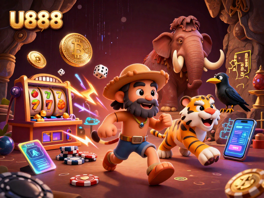 Engage in thrilling gameplay at U888 with a vibrant 3D illustration featuring a prehistoric casino scene.