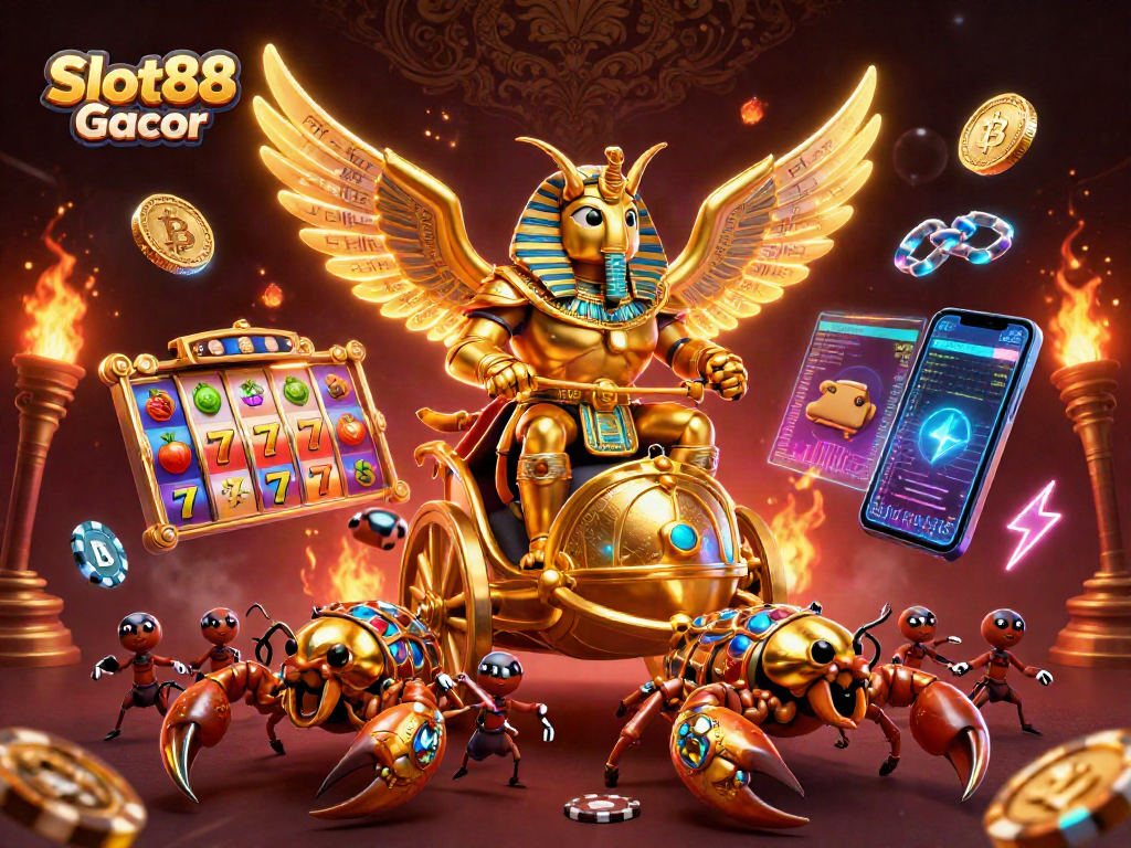 Experience the thrill of Slot88 Gacor with vibrant slot reels and golden characters in a dynamic casino scene.
