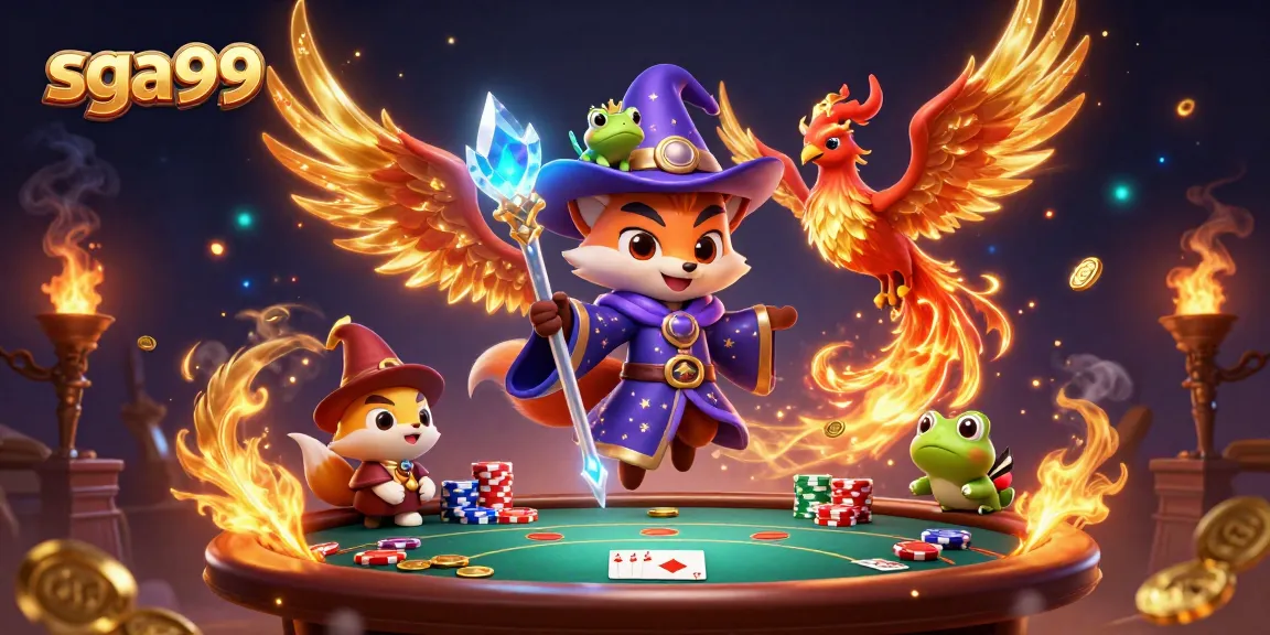 Engage in thrilling poker strategies with sga99 featuring a wizard fox and phoenix in dynamic casino scene.