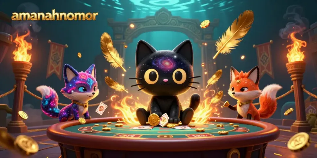 Tarik chip emas dan kartu dalam permainan kasino dengan amanahnomor di pusatnya.