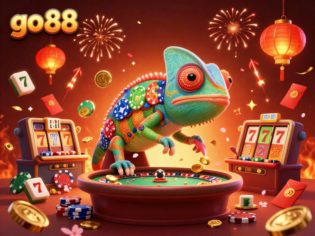 Engage in exciting gameplay at go 88 as the chameleon casino owner captures golden coins in a vibrant 3D scene.