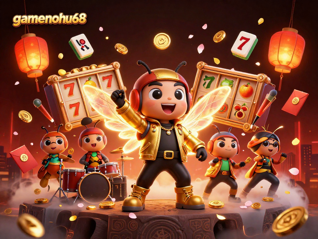 Experience the excitement of gamenohu68 with an energetic 3D casino illustration featuring a rock star cicada and vibrant game symbols.