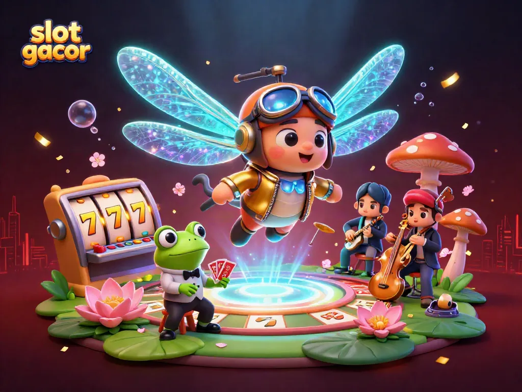 Experience the thrill of slot gacor with a whimsical 3D casino scene featuring a charming dragonfly pilot and enchanting frog dealer.