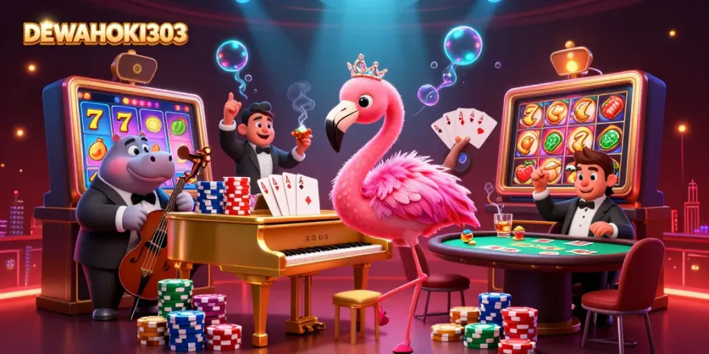 DEWAHOKI303 menghadirkan suasana kasino ceria dengan flamingo penyanyi dan hippo bassist di tengah permainan slot.