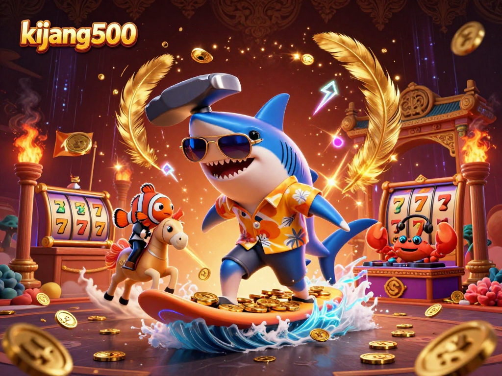 Join the action at kijang500: Enjoy a vibrant casino scene with a shark, seahorse, and DJ crab.