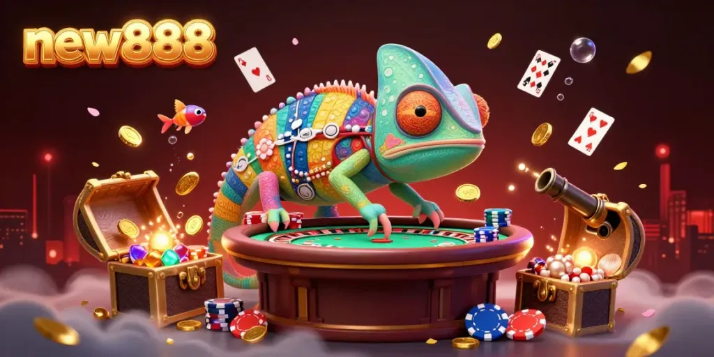 Experience thrilling gaming with new888, highlighting a vibrant casino scene with a chameleon character.
