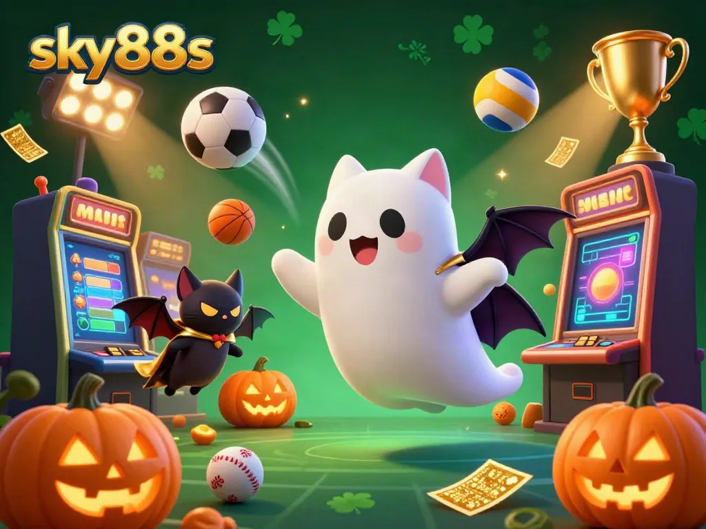 Engage with thrilling gaming dynamics at sky88s, featuring a friendly ghost and vampire bat amidst a vibrant casino scene.