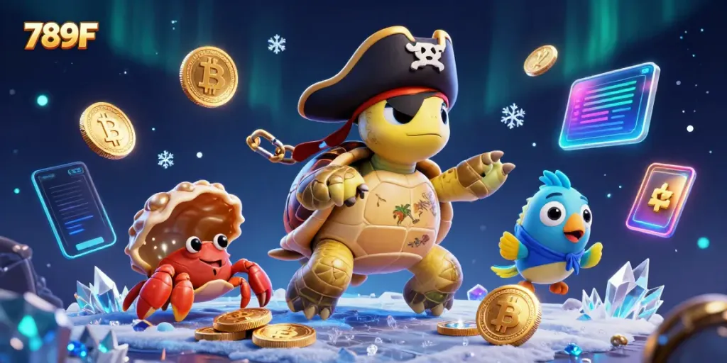 Engage with 789F's thrilling world of online casinos through vibrant characters and crypto elements.