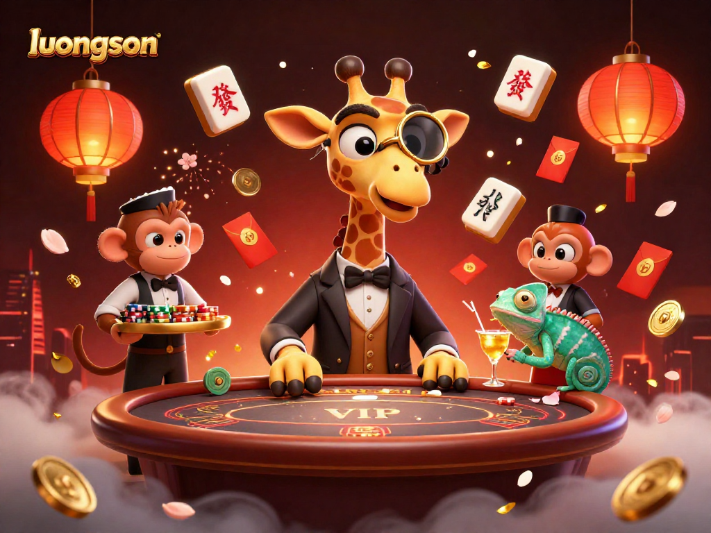 Engage with luongson's vibrant casino scene featuring a giraffe, monkey, and chameleon amidst joyous games.