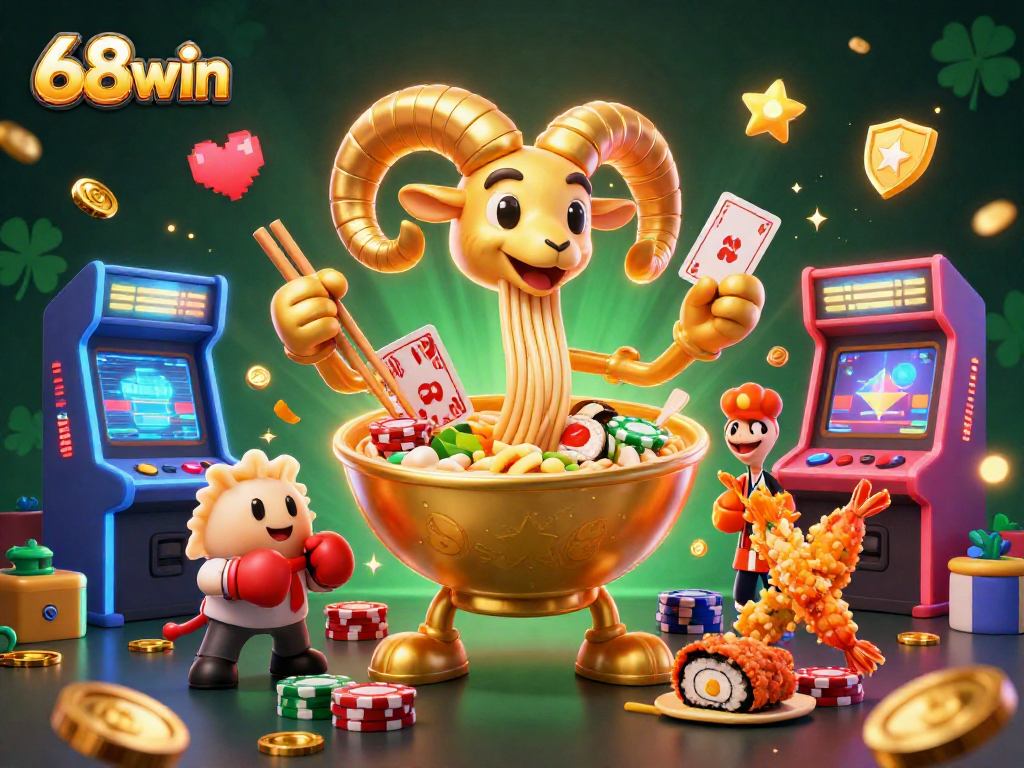 Engage in exciting casino games at 68win with dynamic 3D illustrations, showcasing vibrant gaming elements.