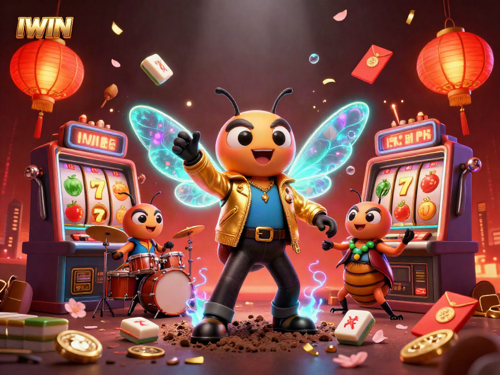 IWIN showcases an energetic casino scene with animated characters celebrating near slot machines, emphasizing vibrant gameplay.