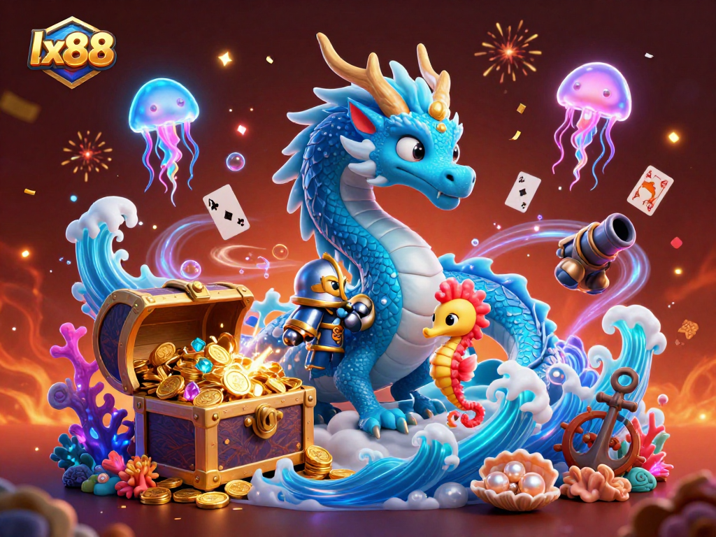 Experience the thrill of winning with lx88 in this vibrant casino-themed underwater scene featuring a dragon and jellyfish!