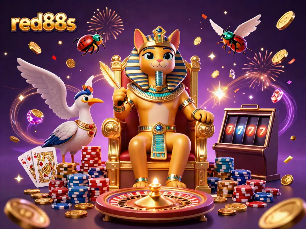 Experience thrilling games at red88s with a dynamic casino scene featuring an Egyptian pharaoh cat and more.