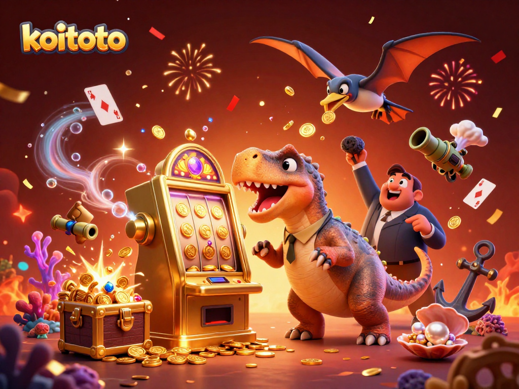 Koitoto memberikan kemenangan besar dengan slot mesin yang dipenuhi koin emas dalam ilustrasi 3D.