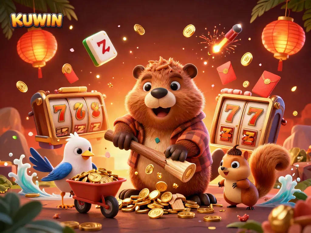 Experience thrilling wins with KUWIN in this vibrant casino scene of cartoon characters amidst slots and treasures.