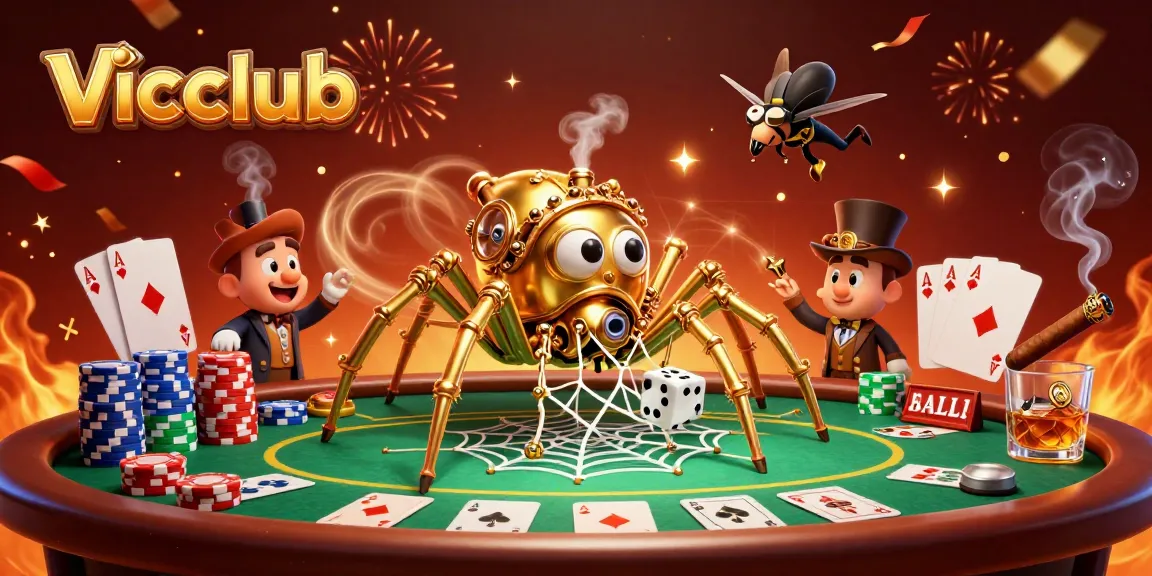 Engage in thrilling games at vicclub with a steampunk spider and poker elements.
