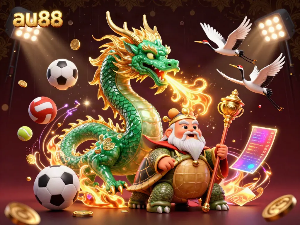 Engage with the spectacular world of au88 as a majestic jade dragon breathes fire amid vibrant gambling elements.