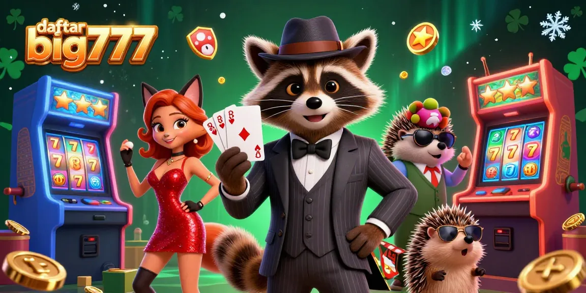 Engage with daftar big777 at a lively casino, showcasing a raccoon, fox, and hedgehog in vivid gameplay.