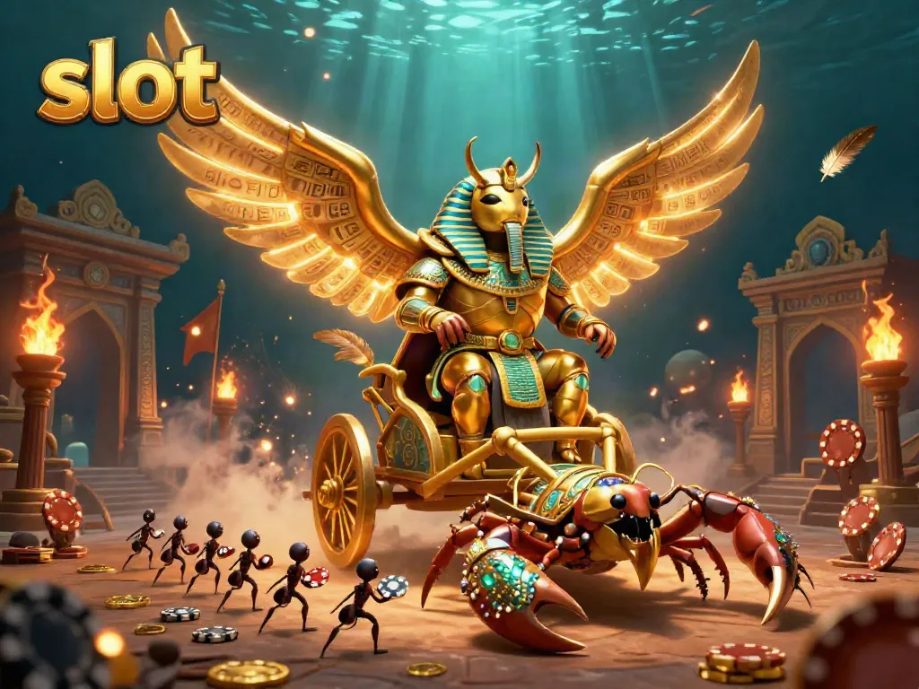 Watch a colossal scarab beetle engage with vibrant slot elements in a dramatic casino scene.