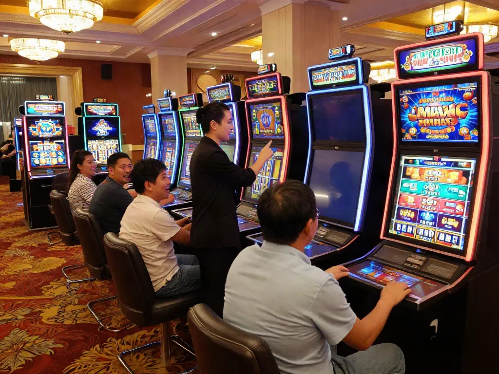 Spieler genießen einen Casino Bonus ohne Einzahlung an Spielautomaten in einem eleganten Casino.