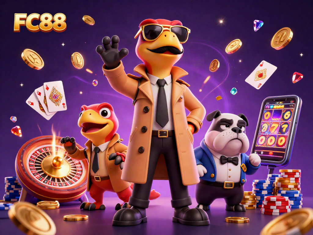 Engage in winning strategies at FC88 while cartoon raptors enter a VIP casino.