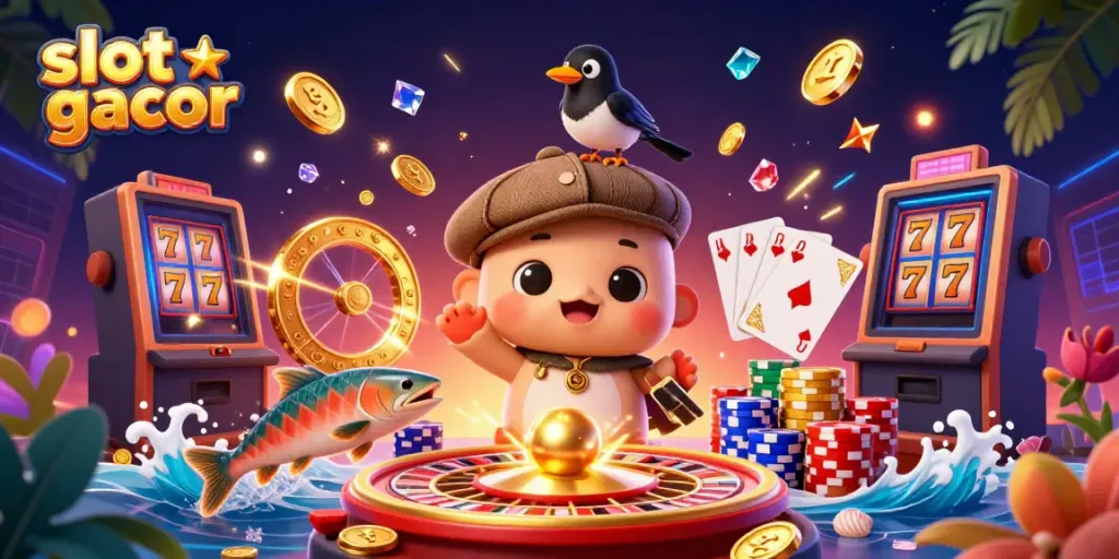 Engage with slot gacor excitement featuring cartoon Nessie, gold coins, and vibrant gaming elements.