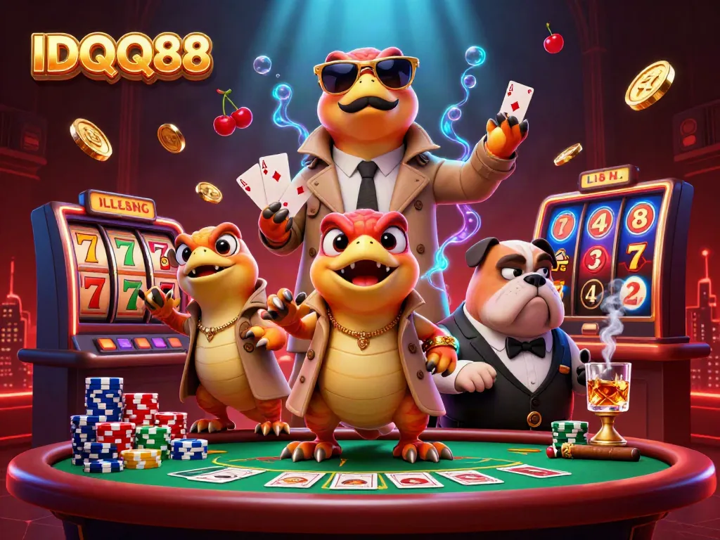 Join the fun at IDQQ88's exciting VIP casino lounge, featuring playful raptors and vibrant slot elements.