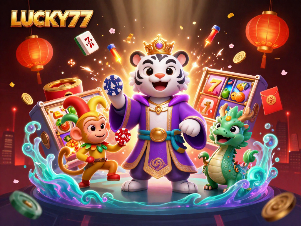 LUCKY77 enhances gameplay with slot reels, vibrant characters, and festive decorations.